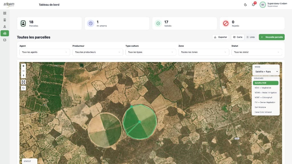 Tableau de bord ENDAM — gestion des parcelles et cartographie satellite